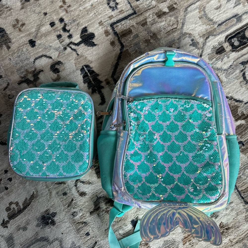 Jasminestar Girls Backpack 17 inch MERMAID sequin lunch box set